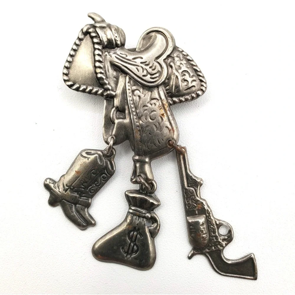 Vintage Western Cowboy Saddle Button Cover Dangling Boot Gun Money Bag Charms